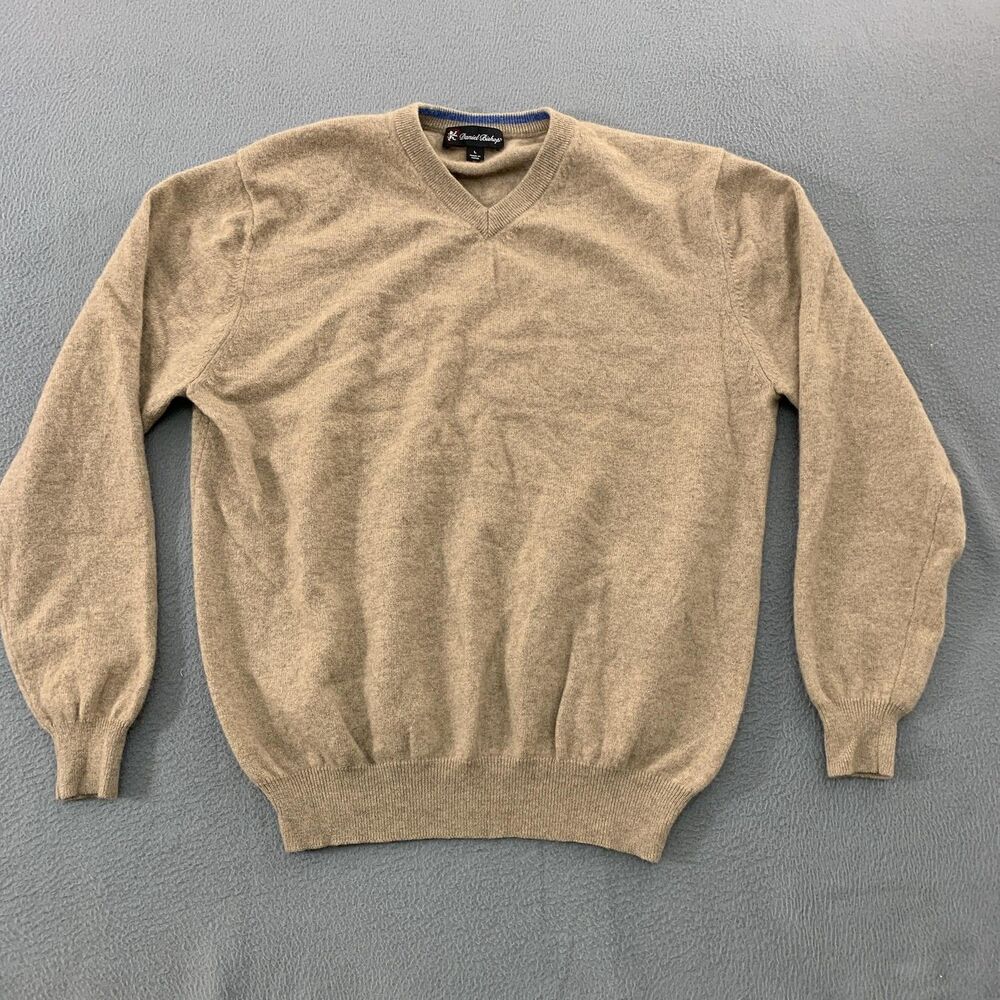 Daniel Bishop Sweater Mens Large Beige 100% Cashmere V Neck Lightweight